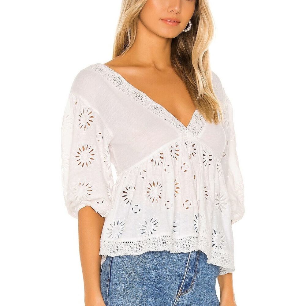 Free People Sweeter Side V-Neck Eyelet Blouse White Size XS